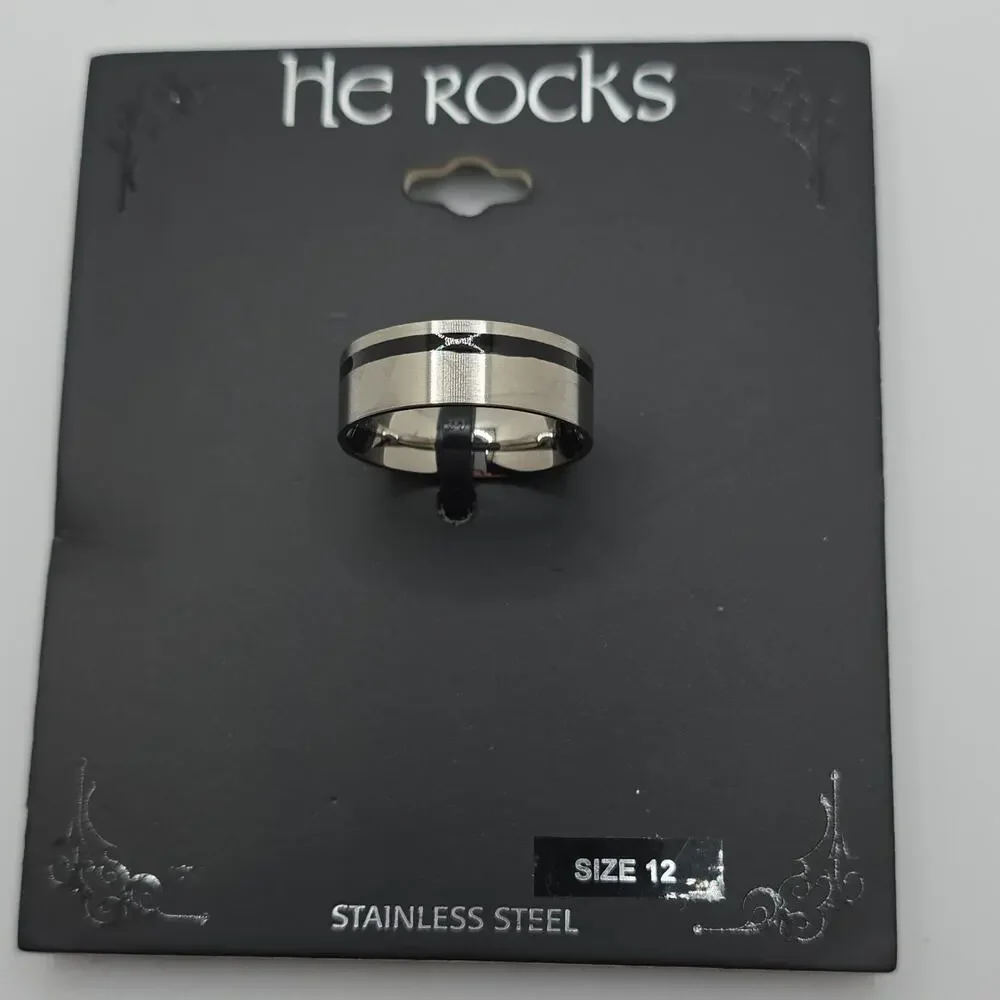 He Rocks Stainless Steel Men's Band Ring Silver Black Size 12